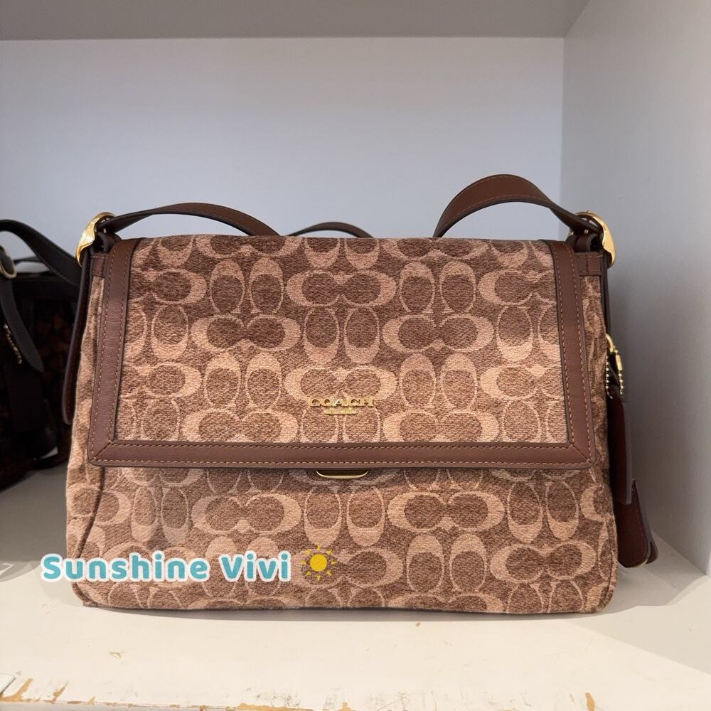 NWT Coach Etta Flap Bag Signature Chenille CCE58 Light Khaki/Vintage Brown